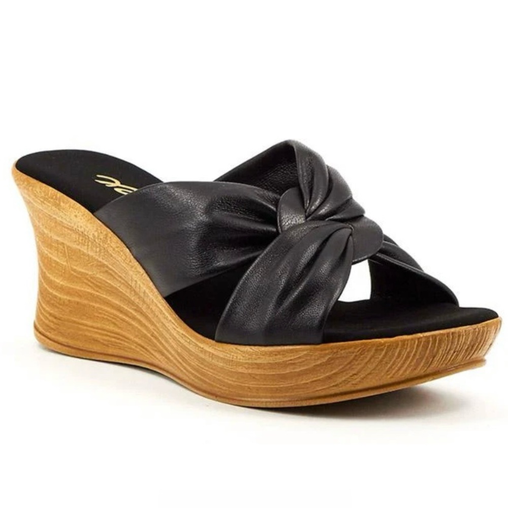 NEW! Onex Puffy Black Leather Wedge Sandals with Knotted Strap